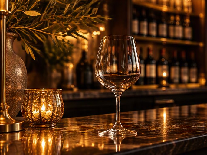 A wine glass on a marble bar with candlelight and shelves of bottles behind it