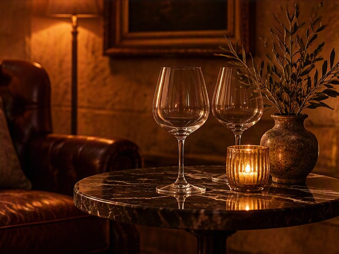 Two wine glasses and a candle on a marble table beside a leather armchair