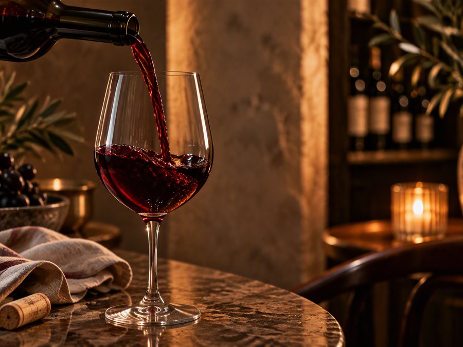 A glass of red wine being poured by candlelight